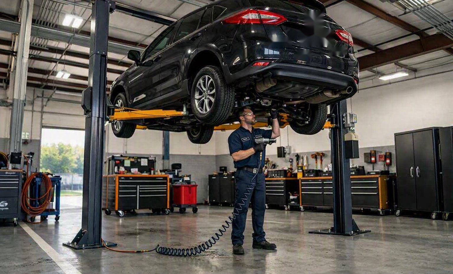 Two-post vehicle lift raising a car in a clean modern workshop, engineer at the controls
