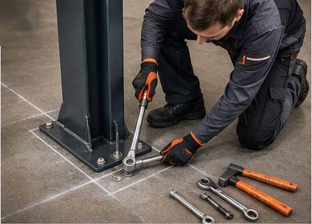 Engineer torque-tightening an anchor bolt at the base of a vehicle lift post