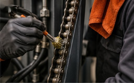 Close-up of a lift carriage chain being cleaned and greased