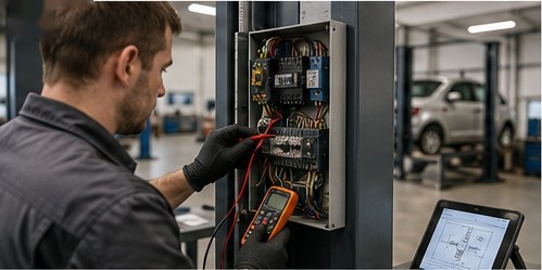 Engineer testing a vehicle lift control box with a multimeter