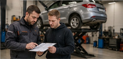 Engineer and garage owner reviewing a written quote beside a car on a scissor lift