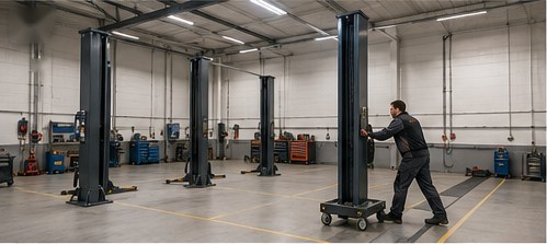 Multi-bay workshop fit-out with several vehicle lifts being installed