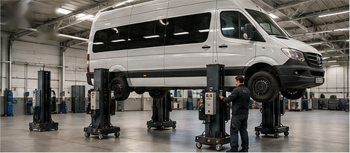 Mobile column lifts raising a minibus in a fleet workshop