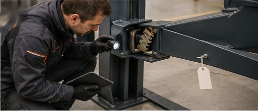 Engineer inspecting a lift safety latch with a torch and inspection checklist