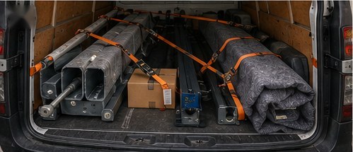 Dismantled lift posts padded and strapped securely in a van for transport