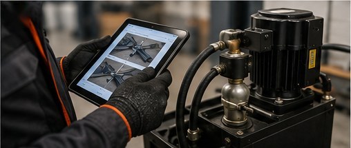 Engineer checking a hydraulic power pack against a diagram on a tablet