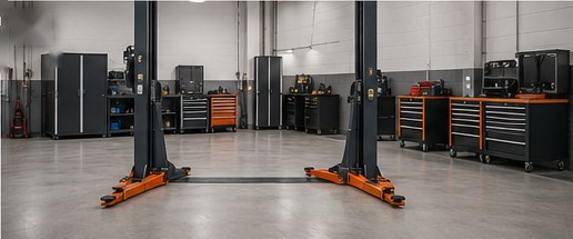 Clean workshop bay with two vehicle lifts
